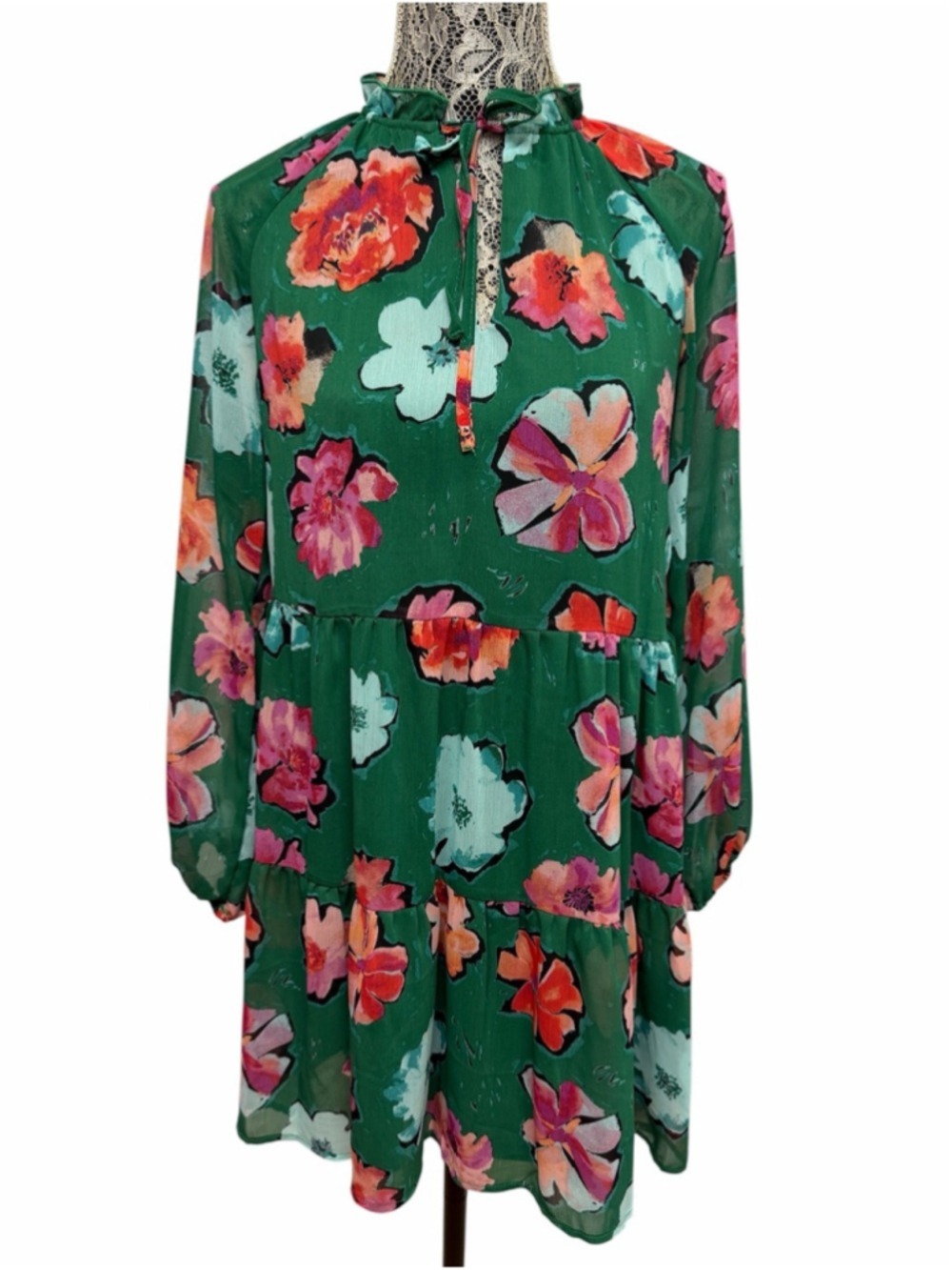 Lark + Grey Womenโs M Green Pink Floral Tiered Tie Neck Long Sleeve Mini Dress